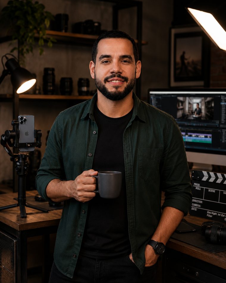 Matheus Bispo, fundador da Zero 13 Filmes, no estúdio segurando uma xícara de café ao lado de equipamentos de filmagem